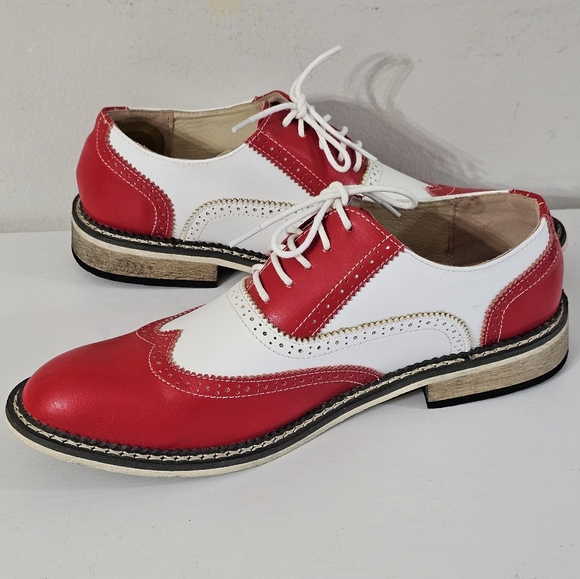 DADIJIER Men\'s Red/White Leather Borgues Wingtip Oxford Dress Shoes Size 9